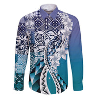 Aloha Vintage Plumeria Hawaiian Tapa Pattern Family Matching Off The Shoulder Long Sleeve Dress and Hawaiian Shirt Blue Hawaiian Tapa Pattern LT9 Dad's Shirt - Long Sleeve Blue - Polynesian Pride