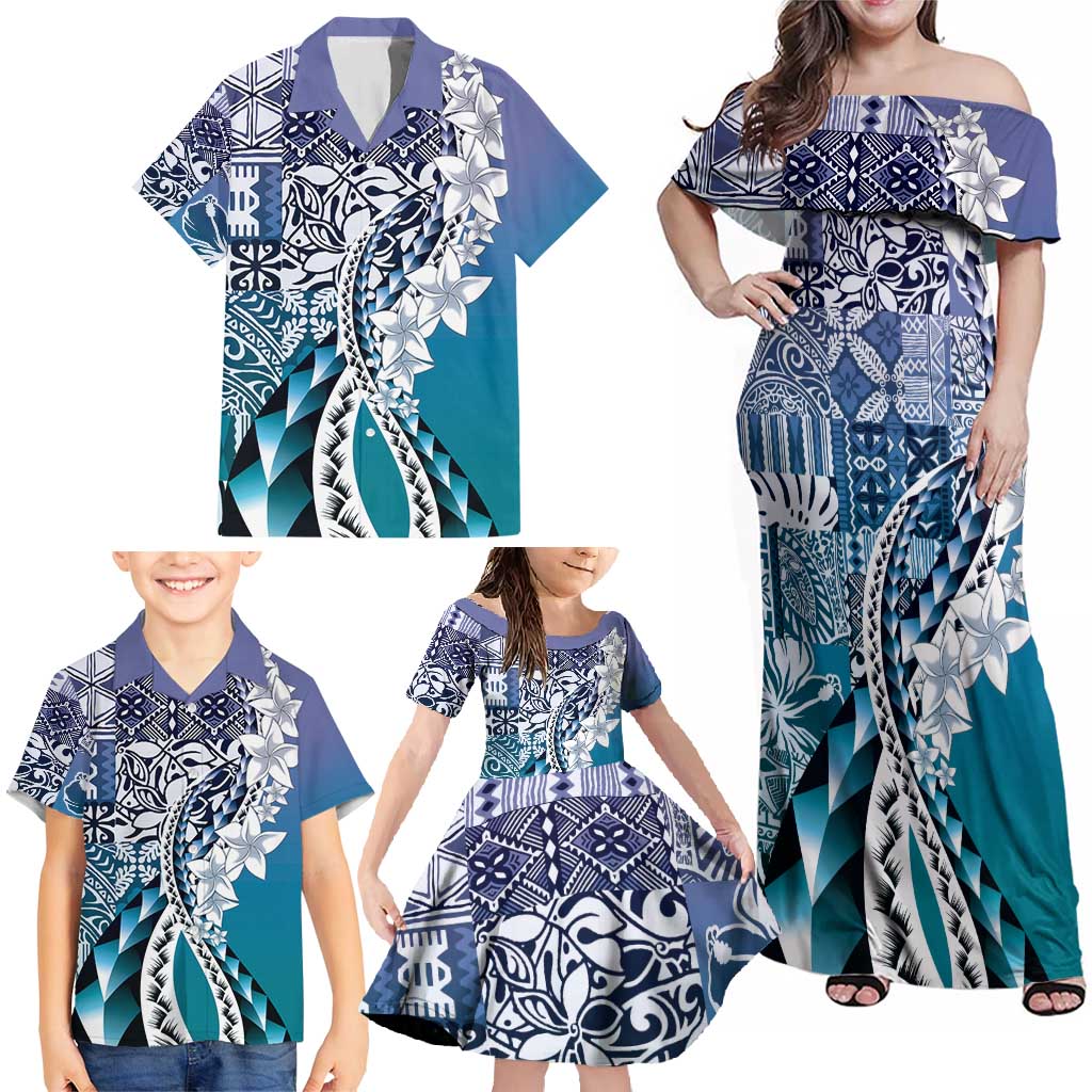 Aloha Vintage Plumeria Hawaiian Tapa Pattern Family Matching Off Shoulder Maxi Dress and Hawaiian Shirt Blue Hawaiian Tapa Pattern LT9 - Polynesian Pride