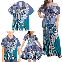 Aloha Vintage Plumeria Hawaiian Tapa Pattern Family Matching Off Shoulder Maxi Dress and Hawaiian Shirt Blue Hawaiian Tapa Pattern LT9 - Polynesian Pride