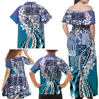 Aloha Vintage Plumeria Hawaiian Tapa Pattern Family Matching Off Shoulder Maxi Dress and Hawaiian Shirt Blue Hawaiian Tapa Pattern LT9 - Polynesian Pride