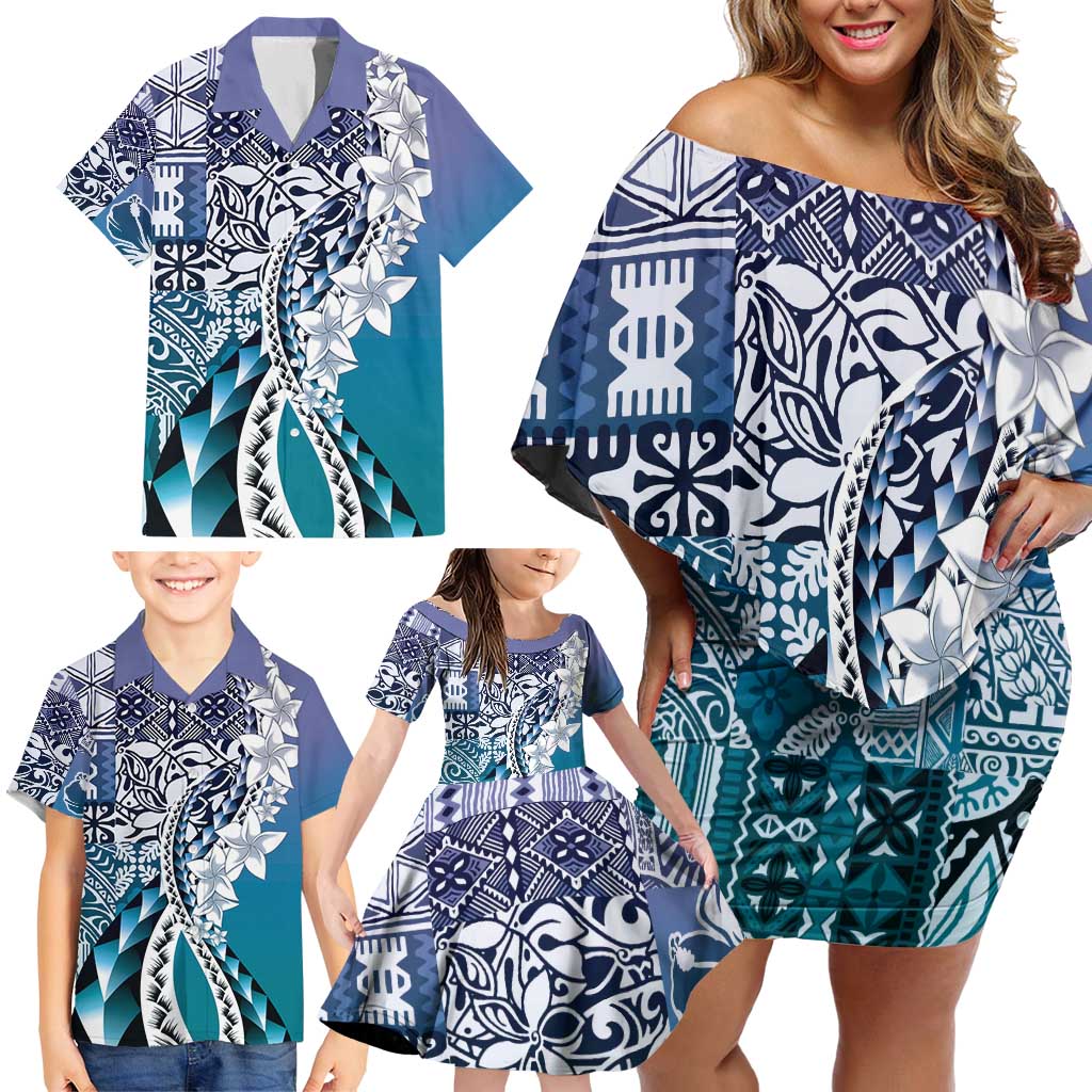Aloha Vintage Plumeria Hawaiian Tapa Pattern Family Matching Off Shoulder Short Dress and Hawaiian Shirt Blue Hawaiian Tapa Pattern LT9 - Polynesian Pride