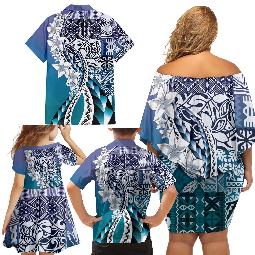 Aloha Vintage Plumeria Hawaiian Tapa Pattern Family Matching Off Shoulder Short Dress and Hawaiian Shirt Blue Hawaiian Tapa Pattern LT9 - Polynesian Pride