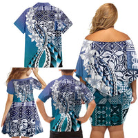 Aloha Vintage Plumeria Hawaiian Tapa Pattern Family Matching Off Shoulder Short Dress and Hawaiian Shirt Blue Hawaiian Tapa Pattern LT9 - Polynesian Pride