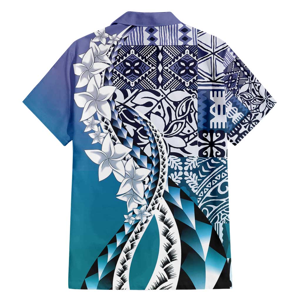Aloha Vintage Plumeria Hawaiian Tapa Pattern Family Matching Off Shoulder Short Dress and Hawaiian Shirt Blue Hawaiian Tapa Pattern LT9 - Polynesian Pride