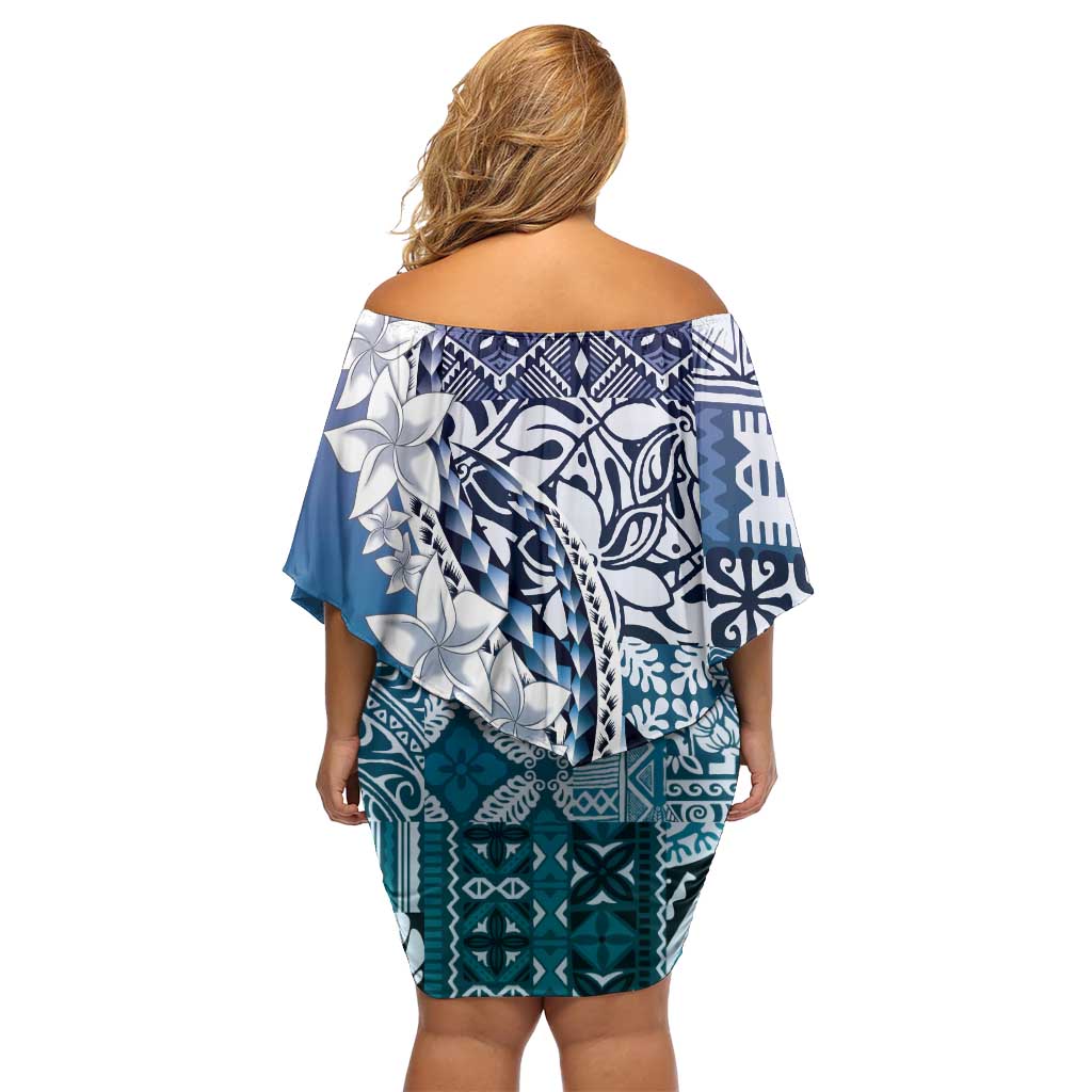 Aloha Vintage Plumeria Hawaiian Tapa Pattern Family Matching Off Shoulder Short Dress and Hawaiian Shirt Blue Hawaiian Tapa Pattern LT9 - Polynesian Pride