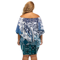 Aloha Vintage Plumeria Hawaiian Tapa Pattern Family Matching Off Shoulder Short Dress and Hawaiian Shirt Blue Hawaiian Tapa Pattern LT9 - Polynesian Pride
