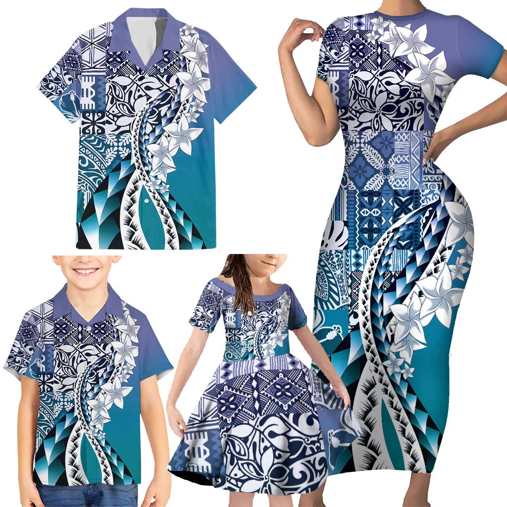 Aloha Vintage Plumeria Hawaiian Tapa Pattern Family Matching Short Sleeve Bodycon Dress and Hawaiian Shirt Blue Hawaiian Tapa Pattern LT9 - Polynesian Pride
