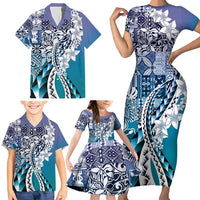 Aloha Vintage Plumeria Hawaiian Tapa Pattern Family Matching Short Sleeve Bodycon Dress and Hawaiian Shirt Blue Hawaiian Tapa Pattern LT9 - Polynesian Pride
