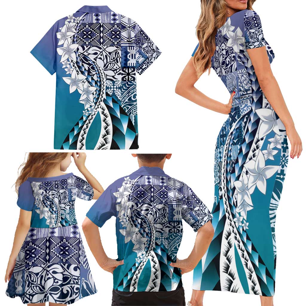 Aloha Vintage Plumeria Hawaiian Tapa Pattern Family Matching Short Sleeve Bodycon Dress and Hawaiian Shirt Blue Hawaiian Tapa Pattern LT9 - Polynesian Pride
