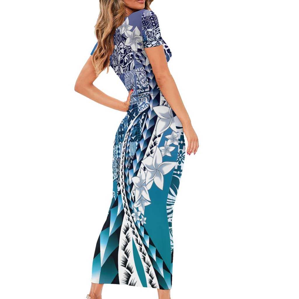 Aloha Vintage Plumeria Hawaiian Tapa Pattern Family Matching Short Sleeve Bodycon Dress and Hawaiian Shirt Blue Hawaiian Tapa Pattern LT9 - Polynesian Pride
