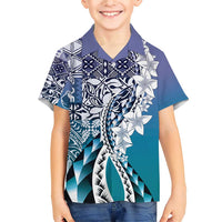 Aloha Vintage Plumeria Hawaiian Tapa Pattern Family Matching Short Sleeve Bodycon Dress and Hawaiian Shirt Blue Hawaiian Tapa Pattern LT9 Son's Shirt Blue - Polynesian Pride