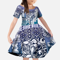 Aloha Vintage Plumeria Hawaiian Tapa Pattern Family Matching Tank Maxi Dress and Hawaiian Shirt Blue Hawaiian Tapa Pattern LT9 Daughter's Dress Blue - Polynesian Pride