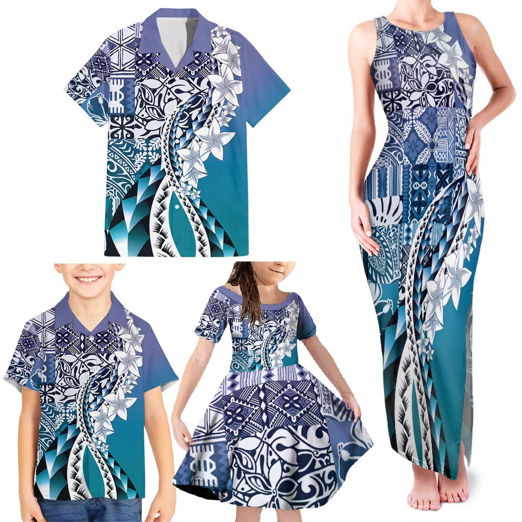 Aloha Vintage Plumeria Hawaiian Tapa Pattern Family Matching Tank Maxi Dress and Hawaiian Shirt Blue Hawaiian Tapa Pattern - Polynesian Pride
