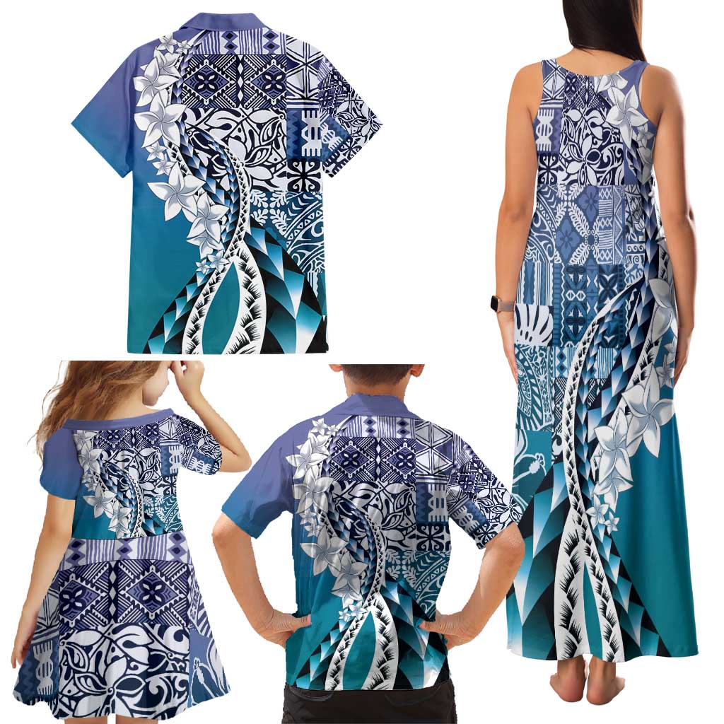Aloha Vintage Plumeria Hawaiian Tapa Pattern Family Matching Tank Maxi Dress and Hawaiian Shirt Blue Hawaiian Tapa Pattern LT9 - Polynesian Pride