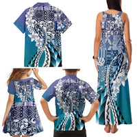 Aloha Vintage Plumeria Hawaiian Tapa Pattern Family Matching Tank Maxi Dress and Hawaiian Shirt Blue Hawaiian Tapa Pattern LT9 - Polynesian Pride