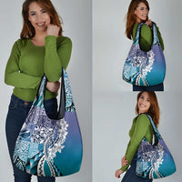 Aloha Vintage Plumeria Hawaiian Tapa Pattern Grocery Bag Blue Hawaiian Tapa Pattern - Polynesian Pride