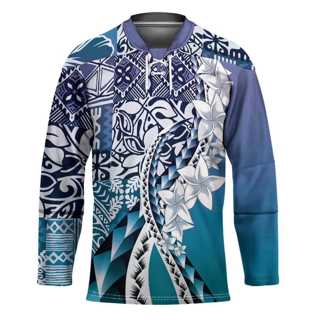 Aloha Vintage Plumeria Hawaiian Tapa Pattern Hockey Jersey Blue Hawaiian Tapa Pattern - Polynesian Pride