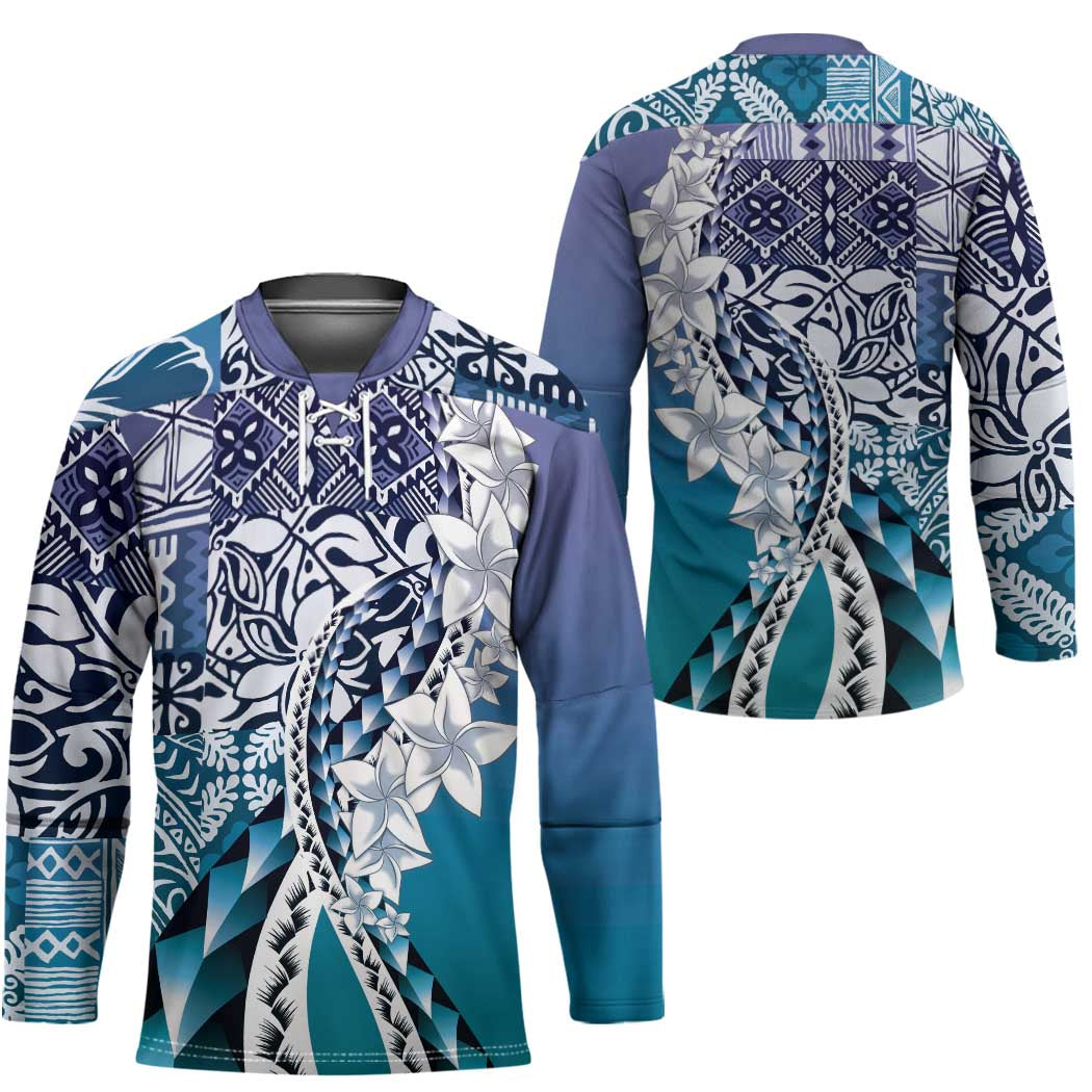 Aloha Vintage Plumeria Hawaiian Tapa Pattern Hockey Jersey Blue Hawaiian Tapa Pattern - Polynesian Pride