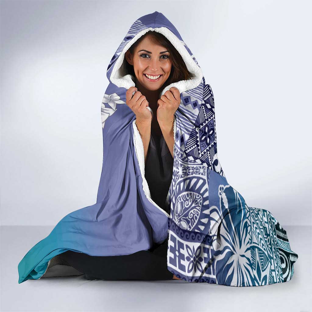 Aloha Vintage Plumeria Hawaiian Tapa Pattern Hooded Blanket Blue Hawaiian Tapa Pattern LT9 - Polynesian Pride