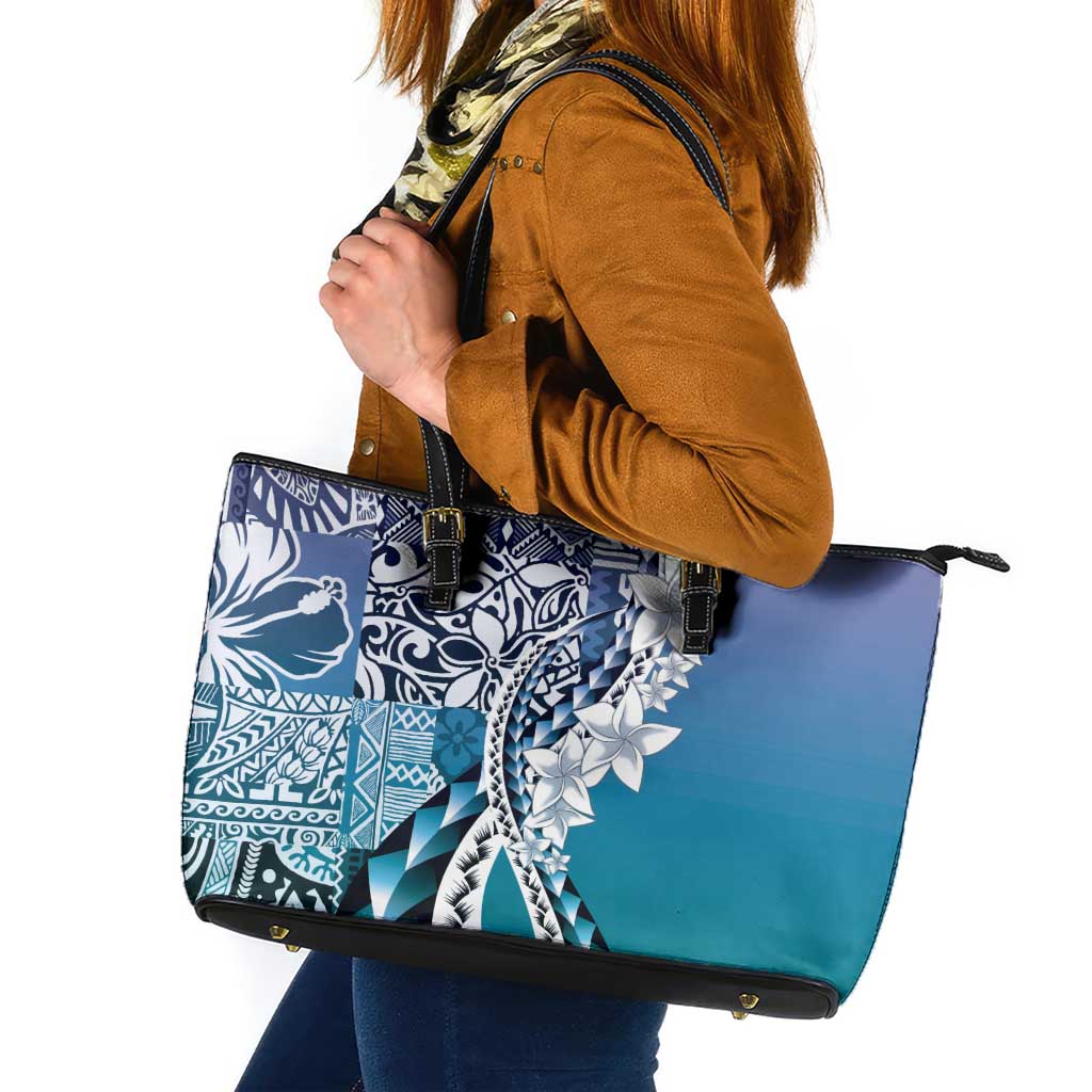 Aloha Vintage Plumeria Hawaiian Tapa Pattern Leather Tote Bag Blue Hawaiian Tapa Pattern - Polynesian Pride