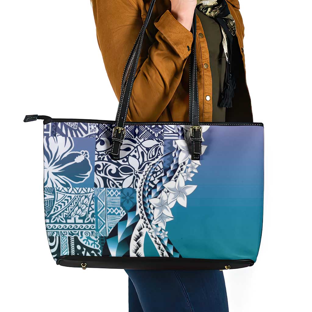 Aloha Vintage Plumeria Hawaiian Tapa Pattern Leather Tote Bag Blue Hawaiian Tapa Pattern - Polynesian Pride