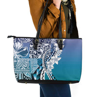 Aloha Vintage Plumeria Hawaiian Tapa Pattern Leather Tote Bag Blue Hawaiian Tapa Pattern - Polynesian Pride