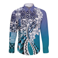 Aloha Vintage Plumeria Hawaiian Tapa Pattern Long Sleeve Button Shirt Blue Hawaiian Tapa Pattern - Polynesian Pride