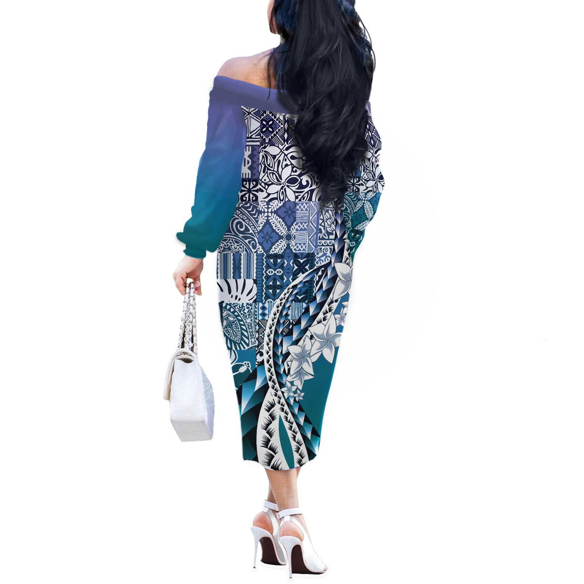 Aloha Vintage Plumeria Hawaiian Tapa Pattern Off The Shoulder Long Sleeve Dress Blue Hawaiian Tapa Pattern - Polynesian Pride