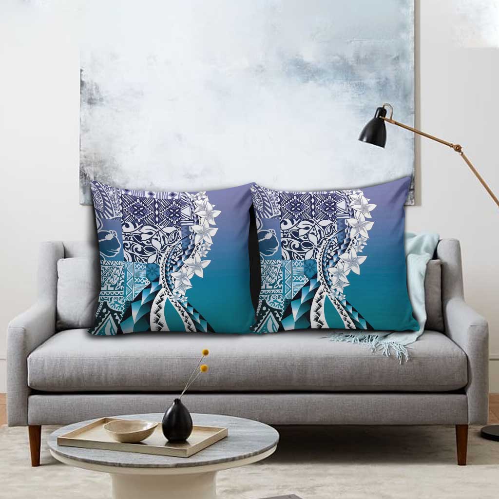 Aloha Vintage Plumeria Hawaiian Tapa Pattern Pillow Cover Blue Hawaiian Tapa Pattern - Polynesian Pride