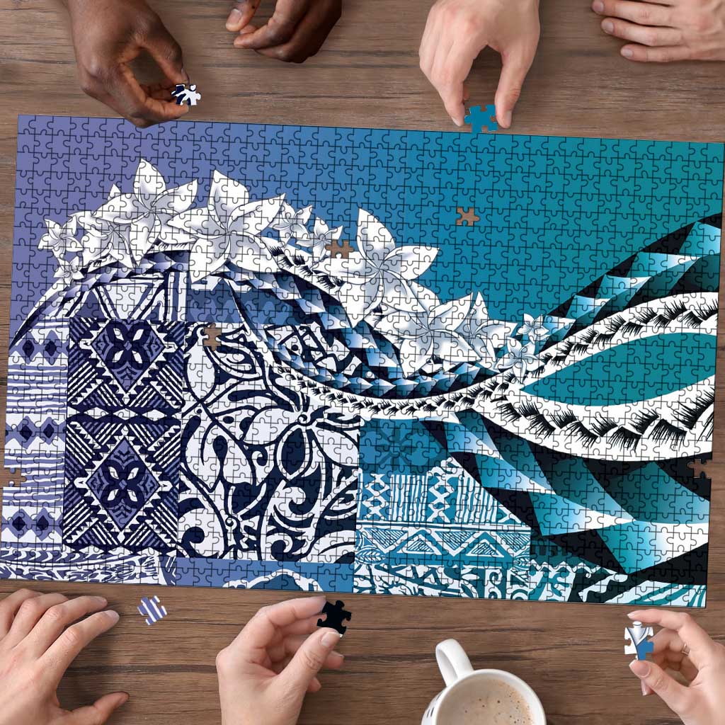 Aloha Vintage Plumeria Hawaiian Tapa Pattern Puzzle Blue Hawaiian Tapa Pattern - Polynesian Pride