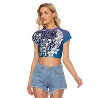Aloha Vintage Plumeria Hawaiian Tapa Pattern Raglan Cropped T Shirt Blue Hawaiian Tapa Pattern - Polynesian Pride