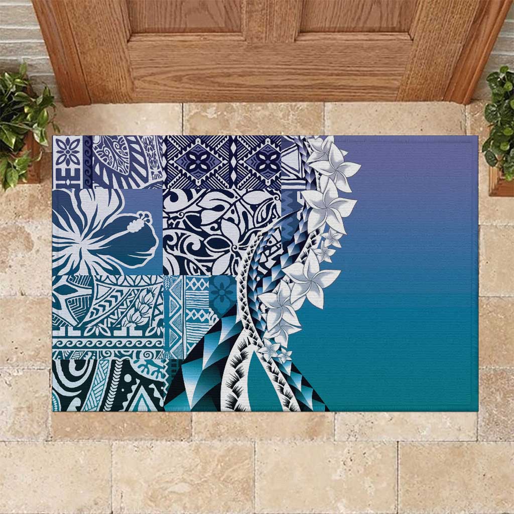 Aloha Vintage Plumeria Hawaiian Tapa Pattern Rubber Doormat Blue Hawaiian Tapa Pattern - Polynesian Pride