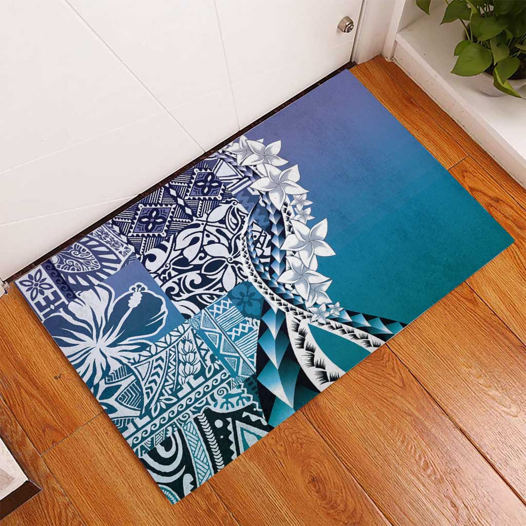 Aloha Vintage Plumeria Hawaiian Tapa Pattern Rubber Doormat Blue Hawaiian Tapa Pattern - Polynesian Pride
