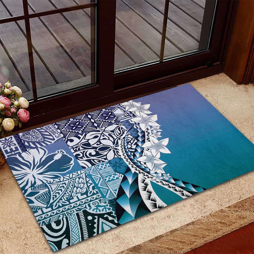 Aloha Vintage Plumeria Hawaiian Tapa Pattern Rubber Doormat Blue Hawaiian Tapa Pattern - Polynesian Pride