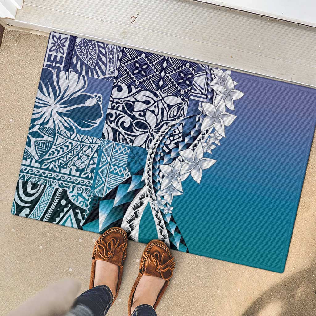 Aloha Vintage Plumeria Hawaiian Tapa Pattern Rubber Doormat Blue Hawaiian Tapa Pattern - Polynesian Pride