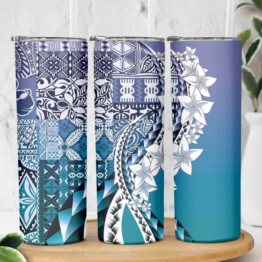 Aloha Vintage Plumeria Hawaiian Tapa Pattern Skinny Tumbler Blue Hawaiian Tapa Pattern - Polynesian Pride