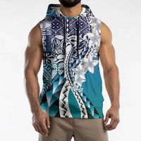 Aloha Vintage Plumeria Hawaiian Tapa Pattern Sleeveless Hoodie Blue Hawaiian Tapa Pattern - Polynesian Pride