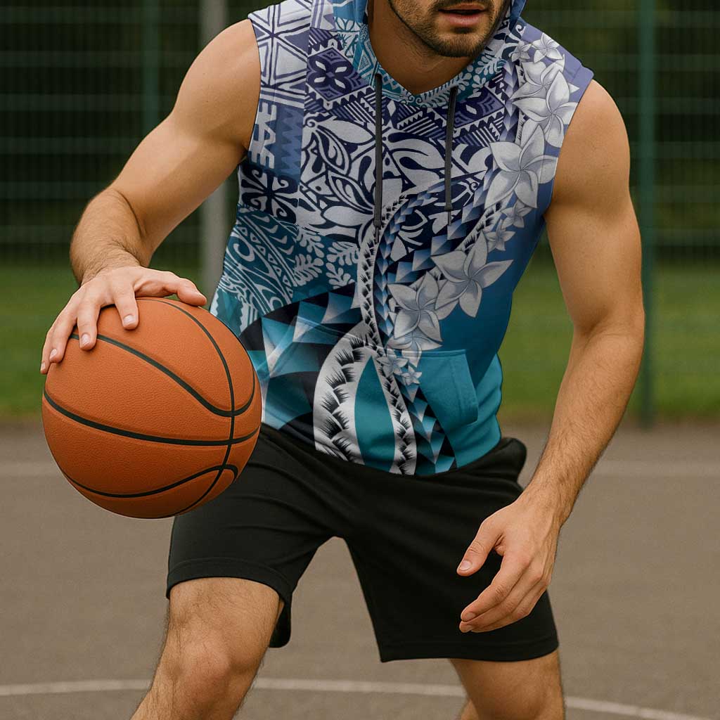 Aloha Vintage Plumeria Hawaiian Tapa Pattern Sleeveless Hoodie Blue Hawaiian Tapa Pattern - Polynesian Pride