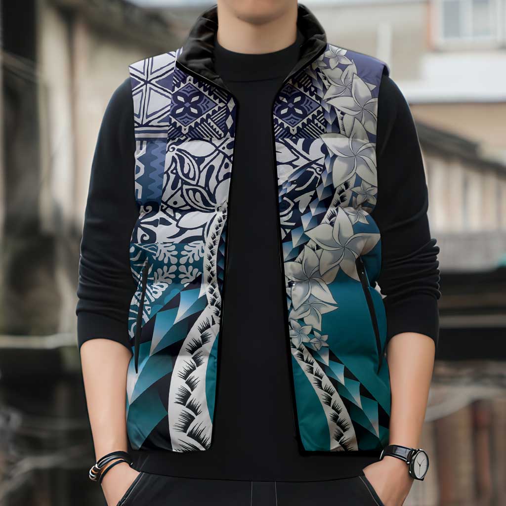 Aloha Vintage Plumeria Hawaiian Tapa Pattern Sleeveless Puffer Jacket Blue Hawaiian Tapa Pattern - Polynesian Pride