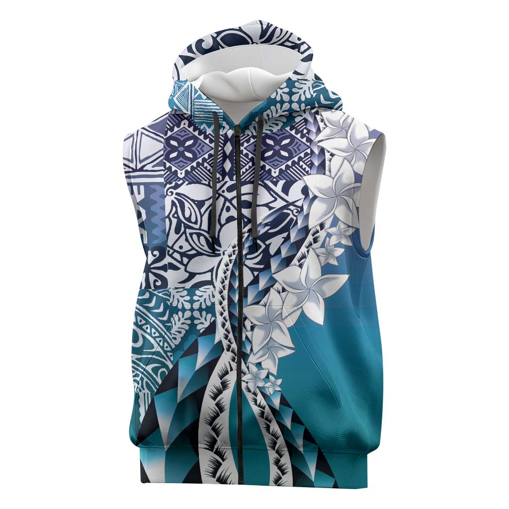 Aloha Vintage Plumeria Hawaiian Tapa Pattern Sleeveless Zip Hoodie Blue Hawaiian Tapa Pattern LT9
