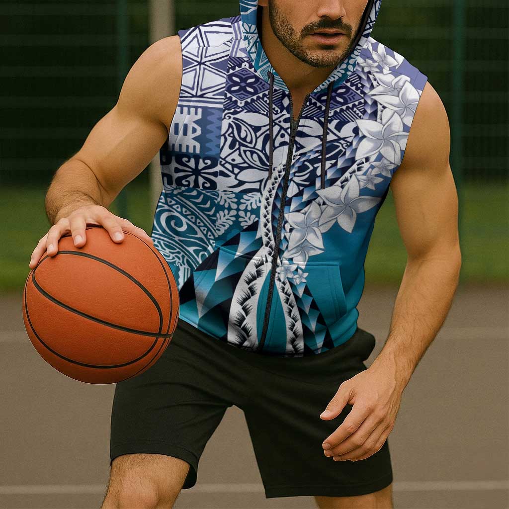 Aloha Vintage Plumeria Hawaiian Tapa Pattern Sleeveless Zip Hoodie Blue Hawaiian Tapa Pattern LT9