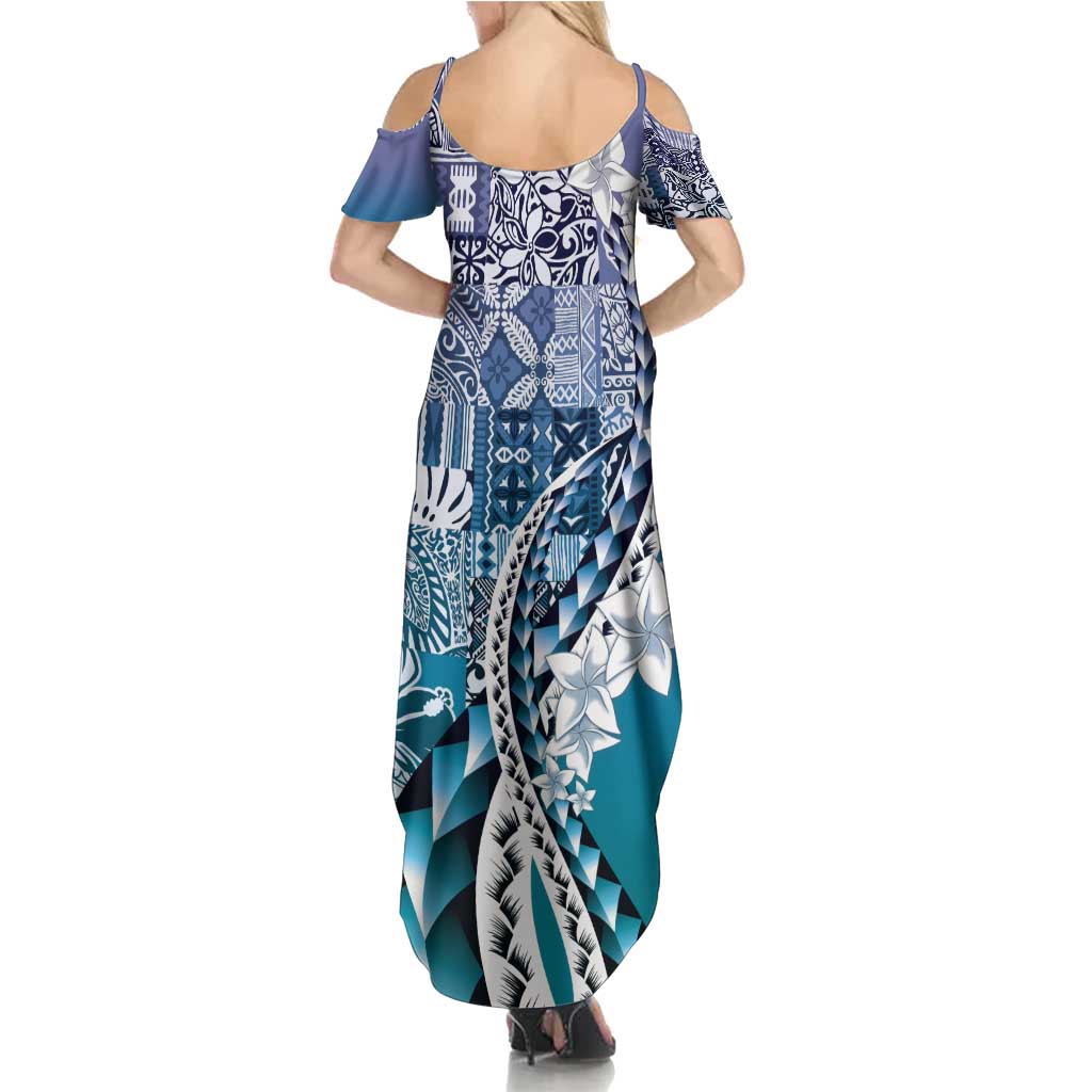 Aloha Vintage Plumeria Hawaiian Tapa Pattern Summer Maxi Dress Blue Hawaiian Tapa Pattern - Polynesian Pride