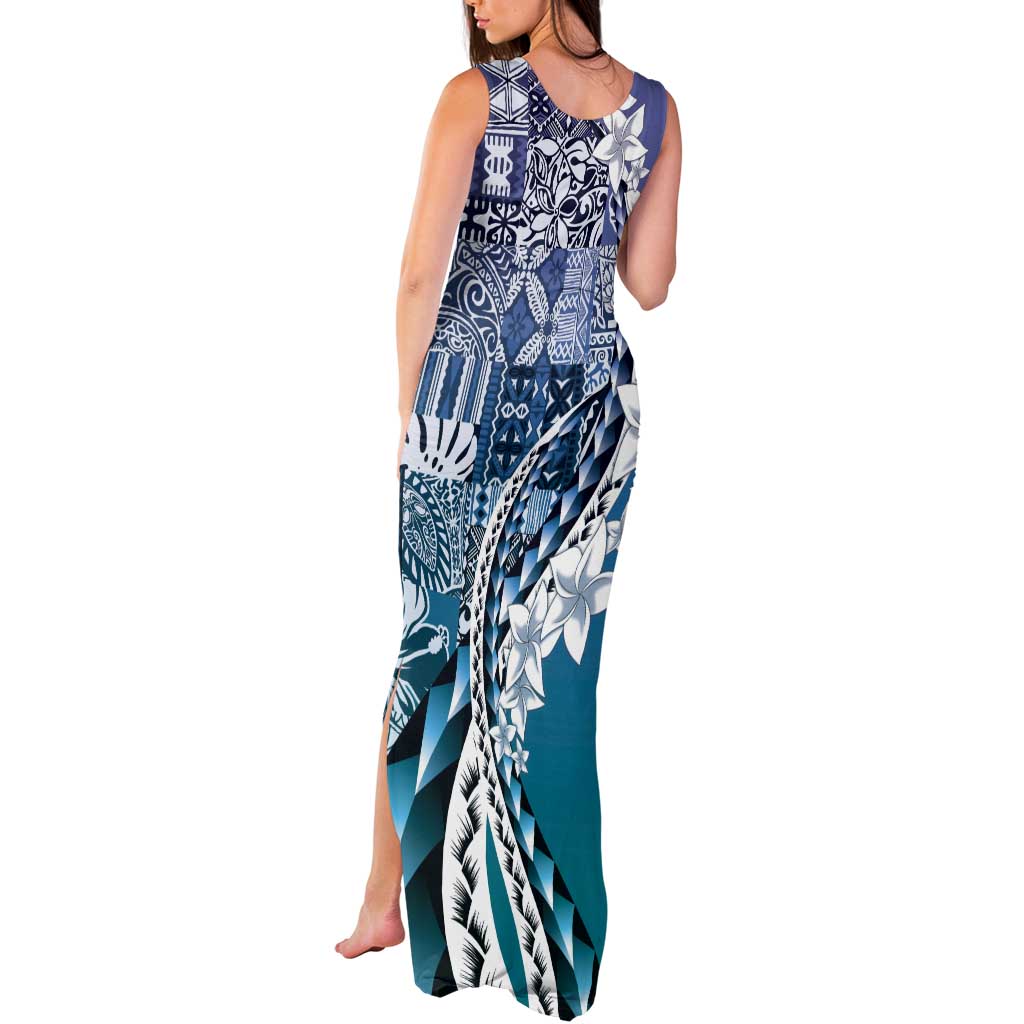 Aloha Vintage Plumeria Hawaiian Tapa Pattern Tank Maxi Dress Blue Hawaiian Tapa Pattern - Polynesian Pride