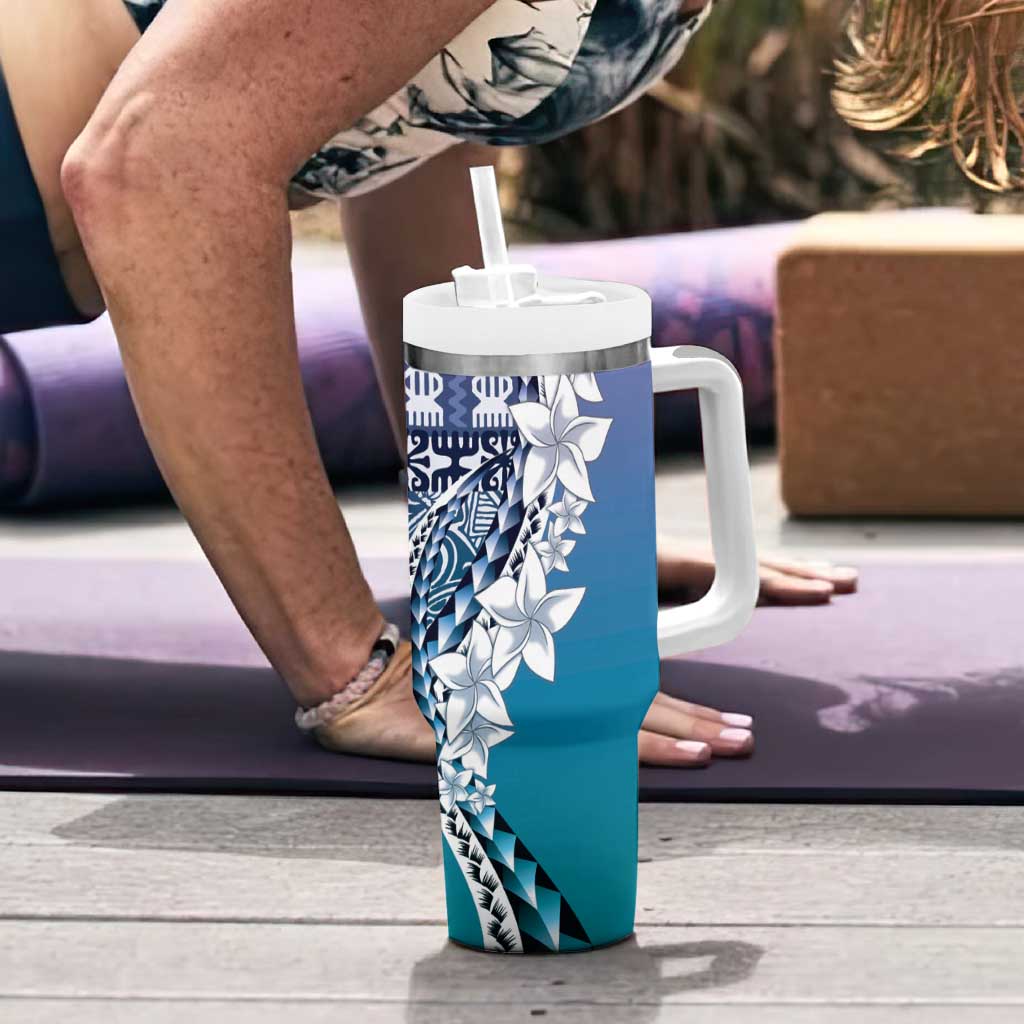 Aloha Vintage Plumeria Hawaiian Tapa Pattern Tumbler With Handle Blue Hawaiian Tapa Pattern - Polynesian Pride