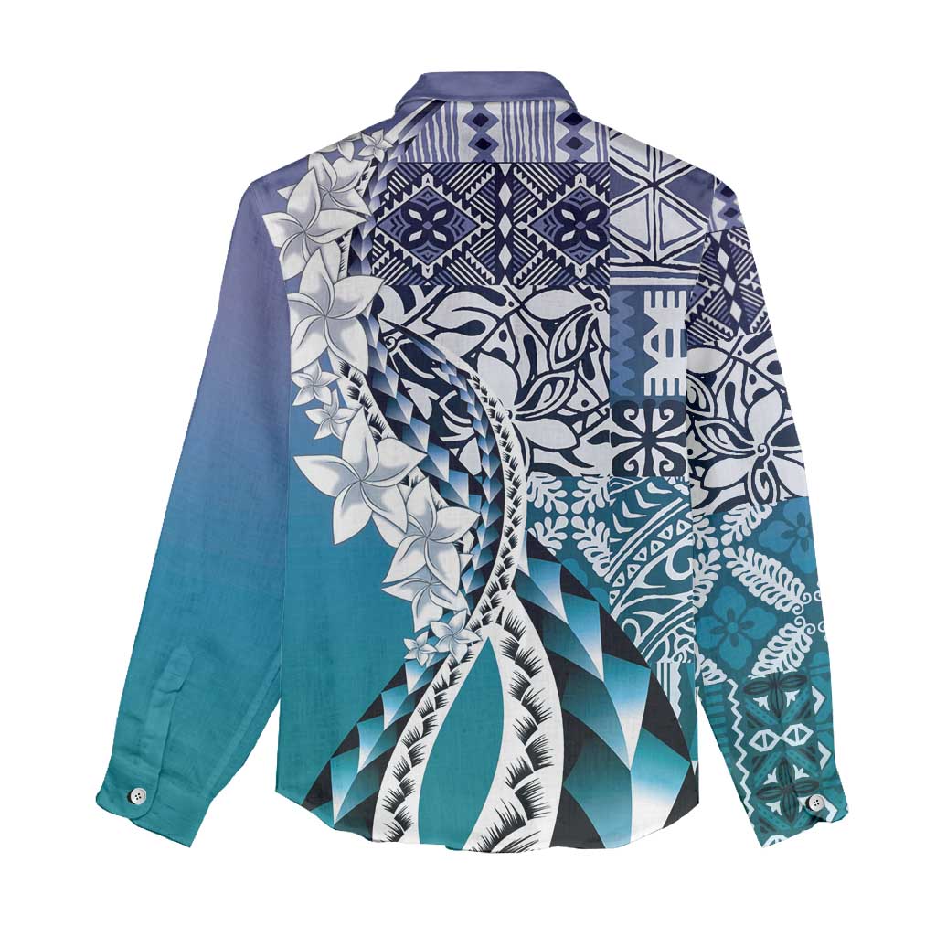 Aloha Vintage Plumeria Hawaiian Tapa Pattern Women Casual Shirt Blue Hawaiian Tapa Pattern - Polynesian Pride