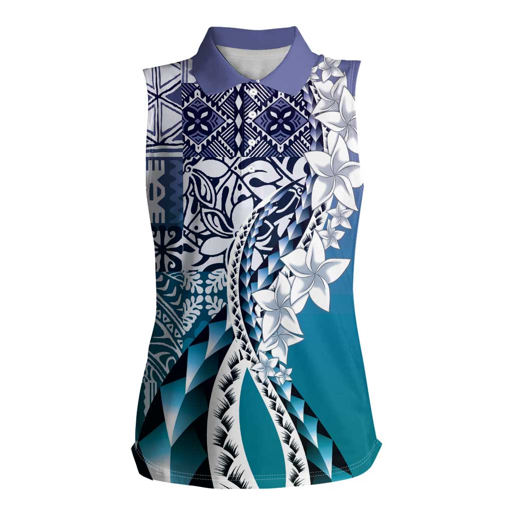 Aloha Vintage Plumeria Hawaiian Tapa Pattern Women Sleeveless Polo Shirt Blue Hawaiian Tapa Pattern - Polynesian Pride