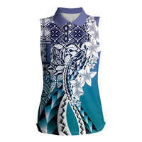 Aloha Vintage Plumeria Hawaiian Tapa Pattern Women Sleeveless Polo Shirt Blue Hawaiian Tapa Pattern - Polynesian Pride
