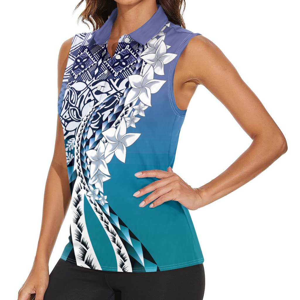 Aloha Vintage Plumeria Hawaiian Tapa Pattern Women Sleeveless Polo Shirt Blue Hawaiian Tapa Pattern - Polynesian Pride