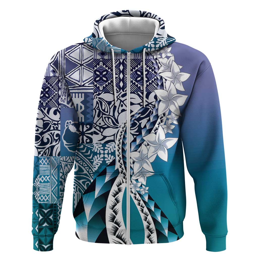 Aloha Vintage Plumeria Hawaiian Tapa Pattern Zip Hoodie Blue Hawaiian Tapa Pattern - Polynesian Pride