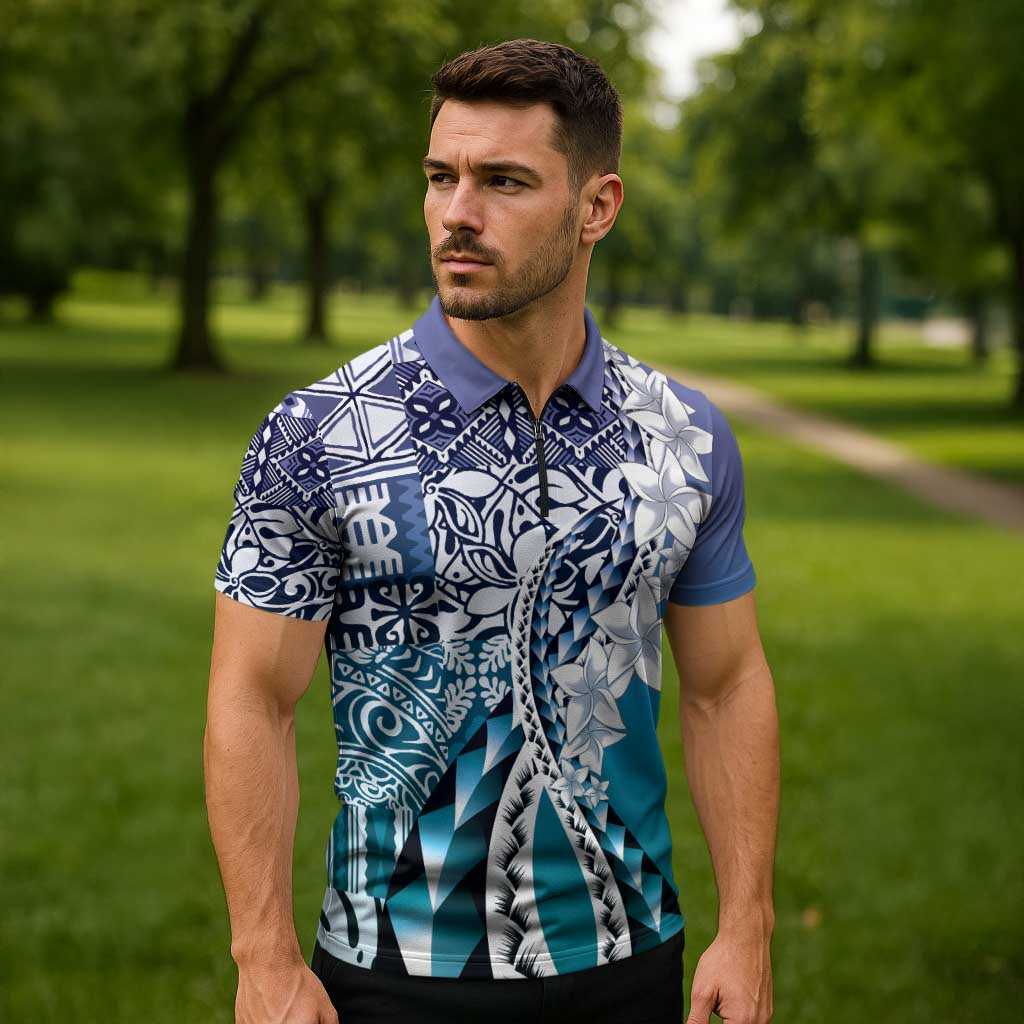 Aloha Vintage Plumeria Hawaiian Tapa Pattern Zipper Polo Shirt Blue Hawaiian Tapa Pattern - Polynesian Pride